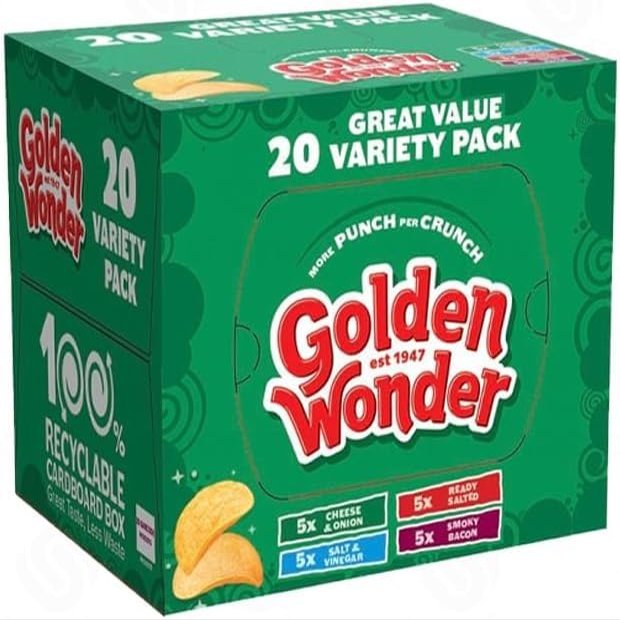 Golden Wonder Crisps Variety Pack 20 Bags Mixed Flavours Multipack (Cheese & Onion, Ready Salted, Salt & Vinegar, Smoky Bacon) | Lunchbox & Sharing Snacks, Perfect for Parties by HTL Party Box
