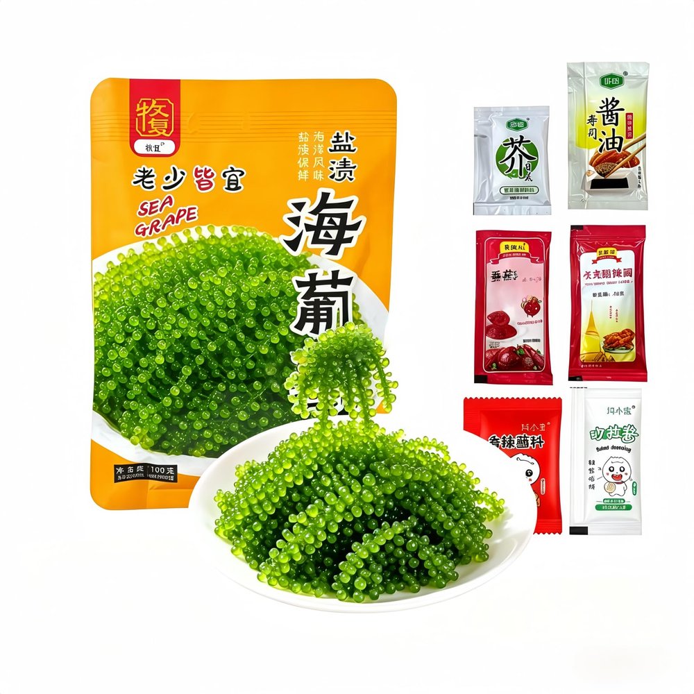 MAFUSE Bursting Sea Grapes Green Caviar Crispy, Juicy Seaweed Snack Rich in Vitamins Ideal for Sushi & Salads |3-Pack Set Includes Assorted Dipping Sauces