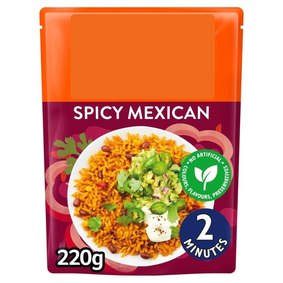 Spicy Mexican Microwave Rice, 220g, Steamed Parboiled Long Grain Rice with Beans, Corn and Peppers, No Artificial Colours or Preservatives, Vegetarian, 2 Servings