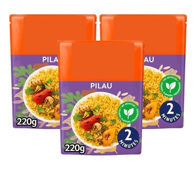 Pilau Microwave Rice, 220g, Pack of 3, Steamed Parboiled Long Grain, with Cumin and Fennel Seeds, No Artificial Colours, Ready in 2 Minutes, 2 Servings, Vegetarian