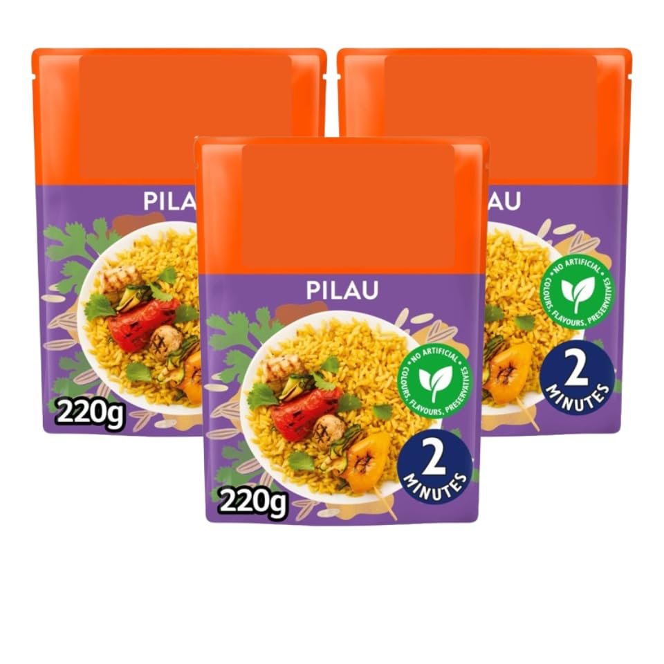 Pilau Microwave Rice, 220g, Pack of 3, Steamed Parboiled Long Grain, with Cumin and Fennel Seeds, No Artificial Colours, Ready in 2 Minutes, 2 Servings, Vegetarian