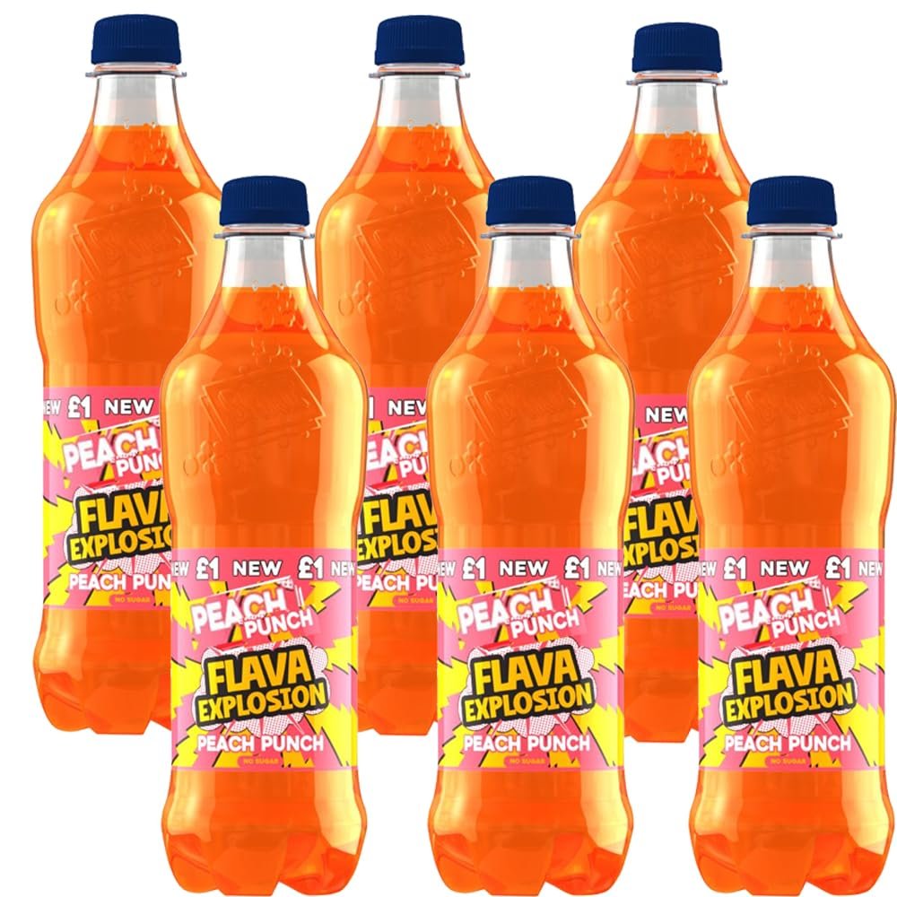 Variety Flavour Explosion Soft Drink 500ml Peach Punch & Berry Blast Carbonated Drink with Sweeteners, Refreshing Fizzy Fruit Flavours - Br (6 x Bottle, Flava Explosion Peach Punch 500m)
