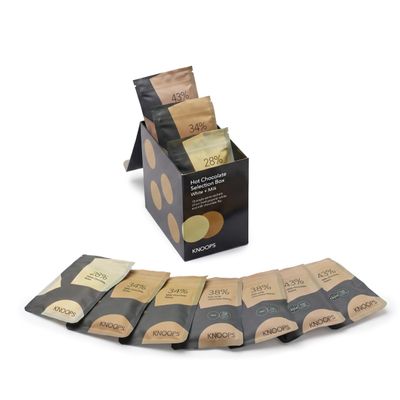 Knoops Hot Chocolate Sachets Selection Box, White, Milk Choc Flakes, 10-Pc