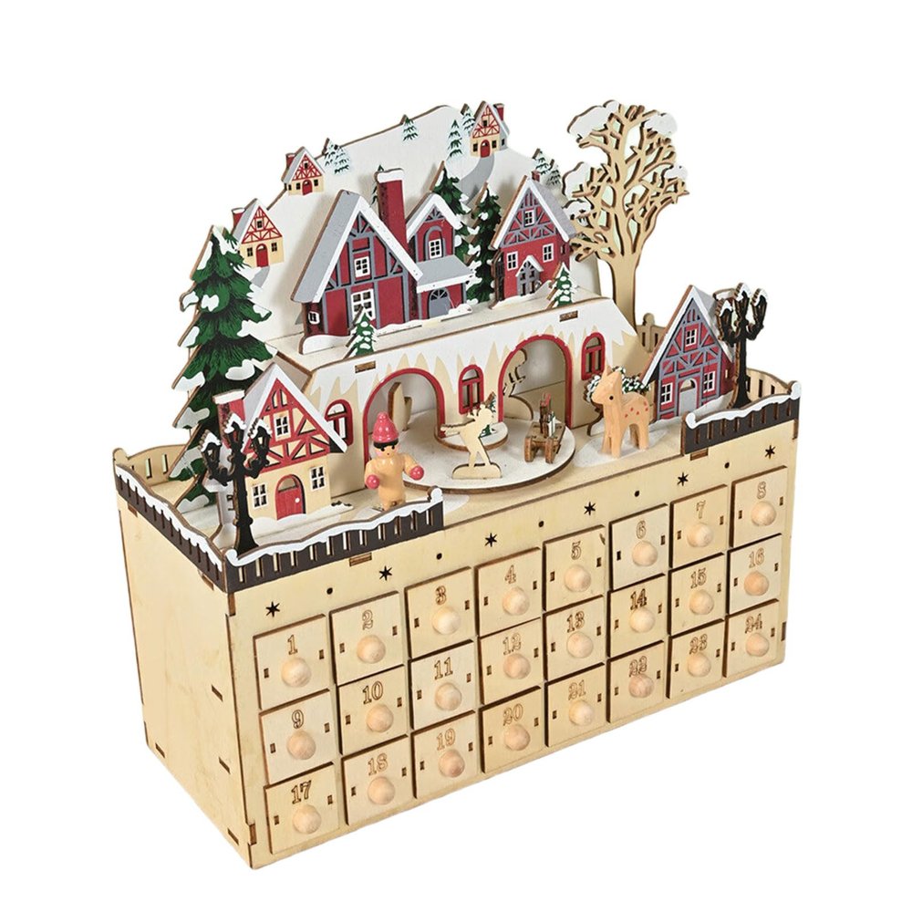 JSGHGDF Wooden Christmas Count Down Calendar Cabinet with 24 Miniature Storage Drawers Village House Ornament Christmas Count Down Calendar Cabinet