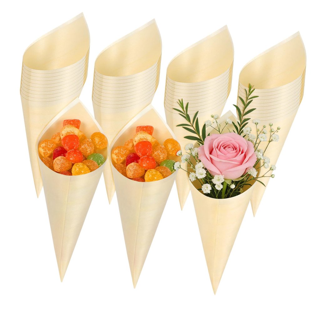 Abaodam Wooden Ice Cream Packing Cones 50Pcs 13Cm Biodegradable Cone Cups for Catering Events and Parties