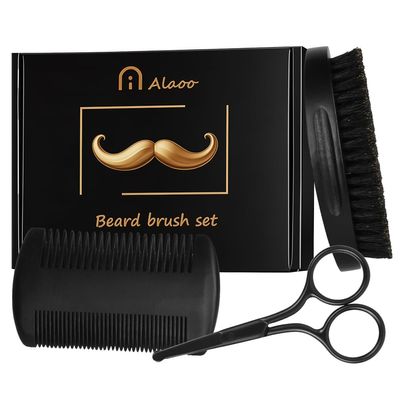 Alaoo Beard Brush Grooming Kit, Beards and Mustaches Grooming Set, Beard Brush Set with Black Brush, Black Comb, Blacks Scissors, Cloth Bag for Men, Husband, Boyfriend