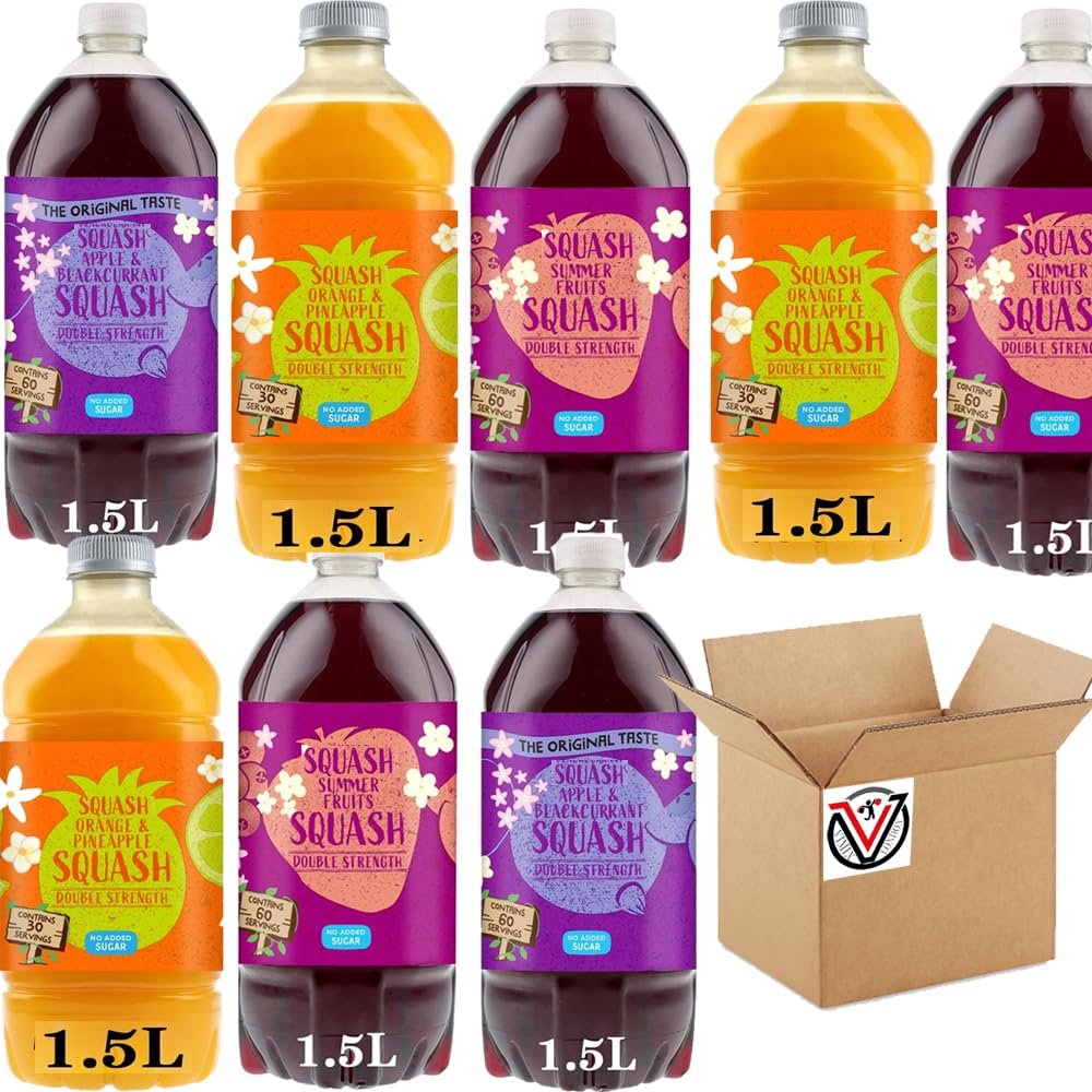 Orange & Pineapple,Summer Fruits, Apple & Blackcurrant Double Strength Squash 1.5l - Random Mixed Squash Drinks - No Added Sugar - mss (9 x Mixed Bottles)