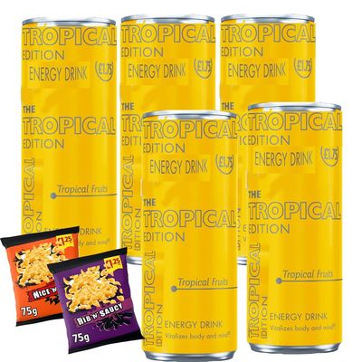 Tropical Flavour Energy Drink 250ml PMP with 2 x 75g Chips - Nknk Carbonated Energy Drink with Tropical Fruit Taste, Refreshing Summer Caffeine Drink, Ready to Drink Can - Reb (6 x Cans)