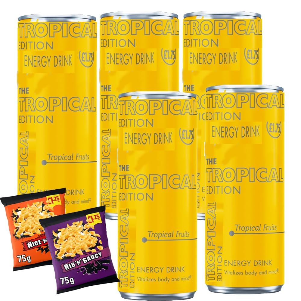 Tropical Flavour Energy Drink 250ml PMP with 2 x 75g Chips - Nknk Carbonated Energy Drink with Tropical Fruit Taste, Refreshing Summer Caffeine Drink, Ready to Drink Can - Reb (6 x Cans)