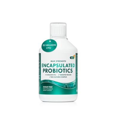 Swedish Nutra Encapsulated Probiotics Max 25 Billion CFU Liquid Probiotics with Vitamin C & L-Glutamine 9 Vegan Strains for Gut Health & Immune Support 500ml Sugar Free (33 Day Supply)