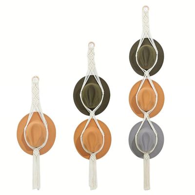 Macrame Hat Rack Wall Mounted, Boho Hat Holder for Wide Brim Hats, Cotton Rope Cap Organizer with Wooden Pegs, Rustic Wall Hanging Storage Stand for ( Layer 93cm)