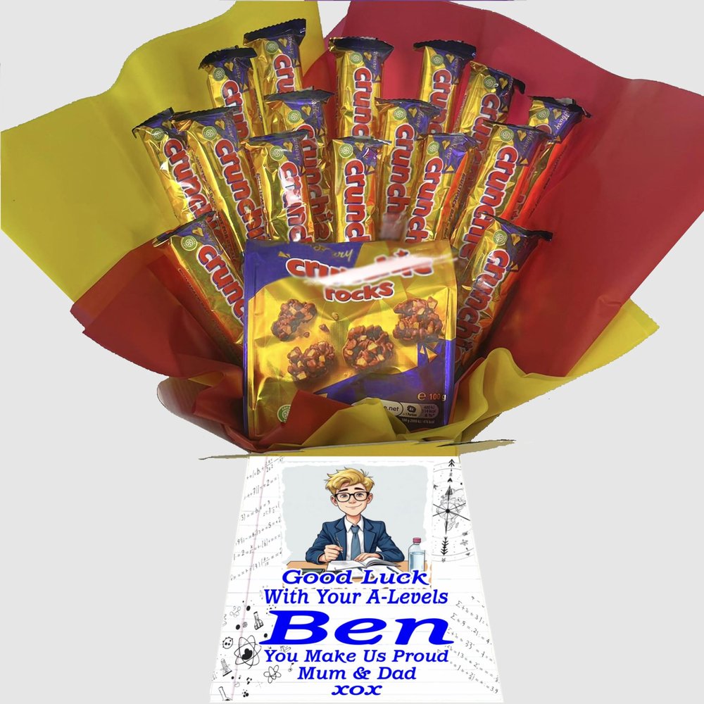 Chocolate Bouquet Gift Exam Results, GCSE, A Level, Study Package, SATS, Good Luck, Well Done, You Did It (personalise with ANY message and choose an Avatar!) [Compatible With Crunchie]
