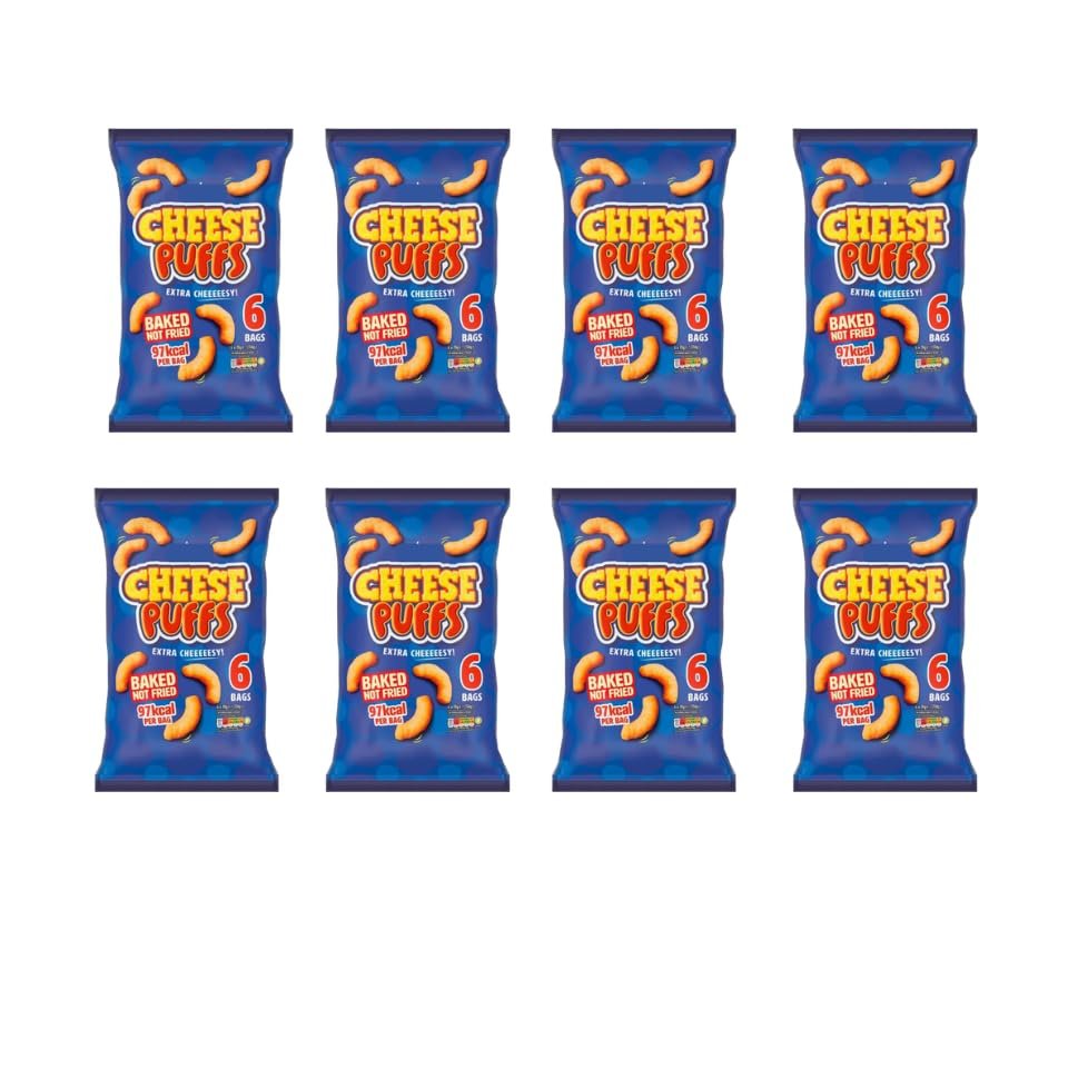 Cheese Puffs, Baked Not Fried, Extra Cheeeesy!, Pack of 8, No Artificial Colours or Flavours, 97kcal per Bag, Suitable for Vegetarian