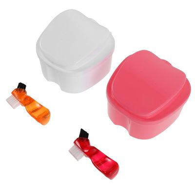 TOYANDONA 2 Sets Denture Soaking Case Portable Retainer Storage Box White Pink Denture Cleaning Kit for Travel Dental Care