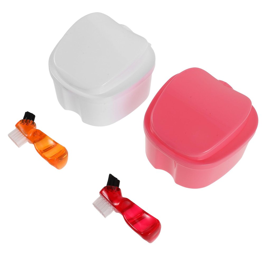 TOYANDONA 2 Sets Denture Soaking Case Portable Retainer Storage Box White Pink Denture Cleaning Kit for Travel Dental Care