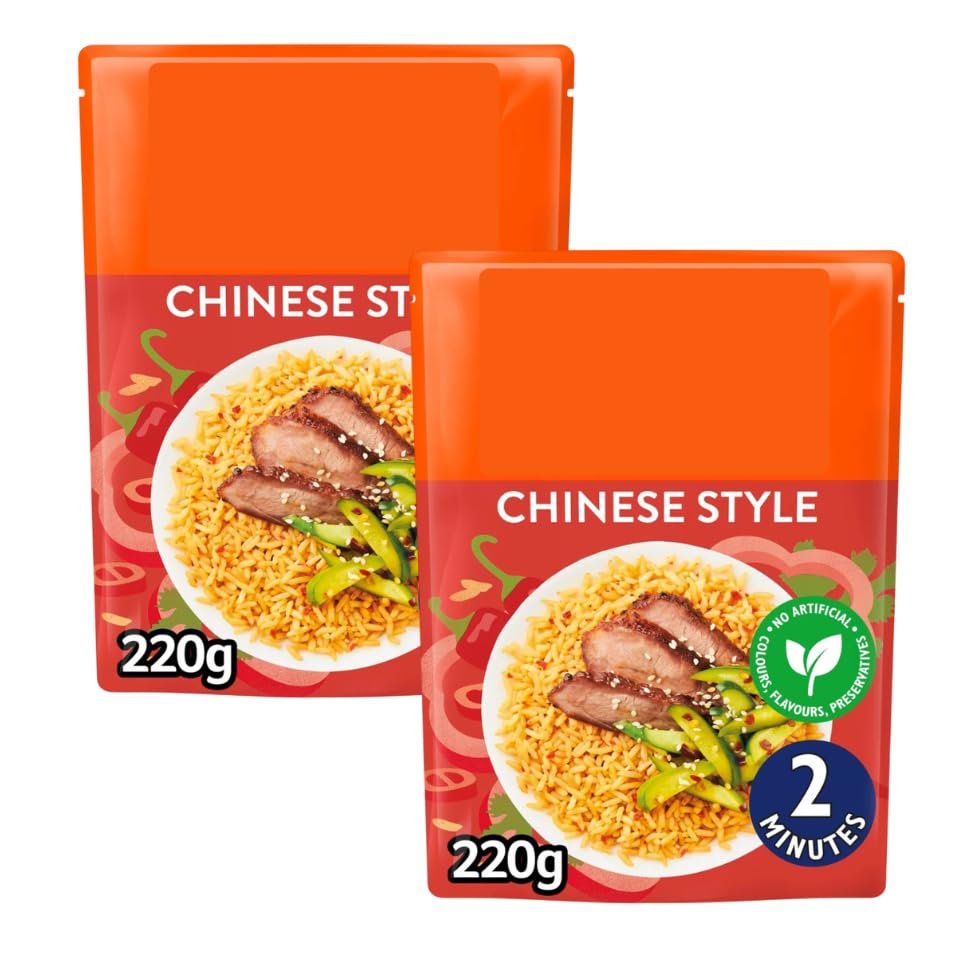 Chinese Style Microwave Rice, Pack of 2, Steamed Parboiled Long Grain, with Sesame Oil, Garlic and Ginger, Vegetarian, 220g, 2 Servings