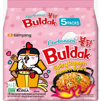 Samyang Buldak Carbonara Instant Noodles 130g (Pack of 5) Korean Spicy Creamy Carbonara Ramen (Pink Pack) | Hot Chicken Flavour Noodles | Perfect for Spice Lovers | Popular Korean Favorite