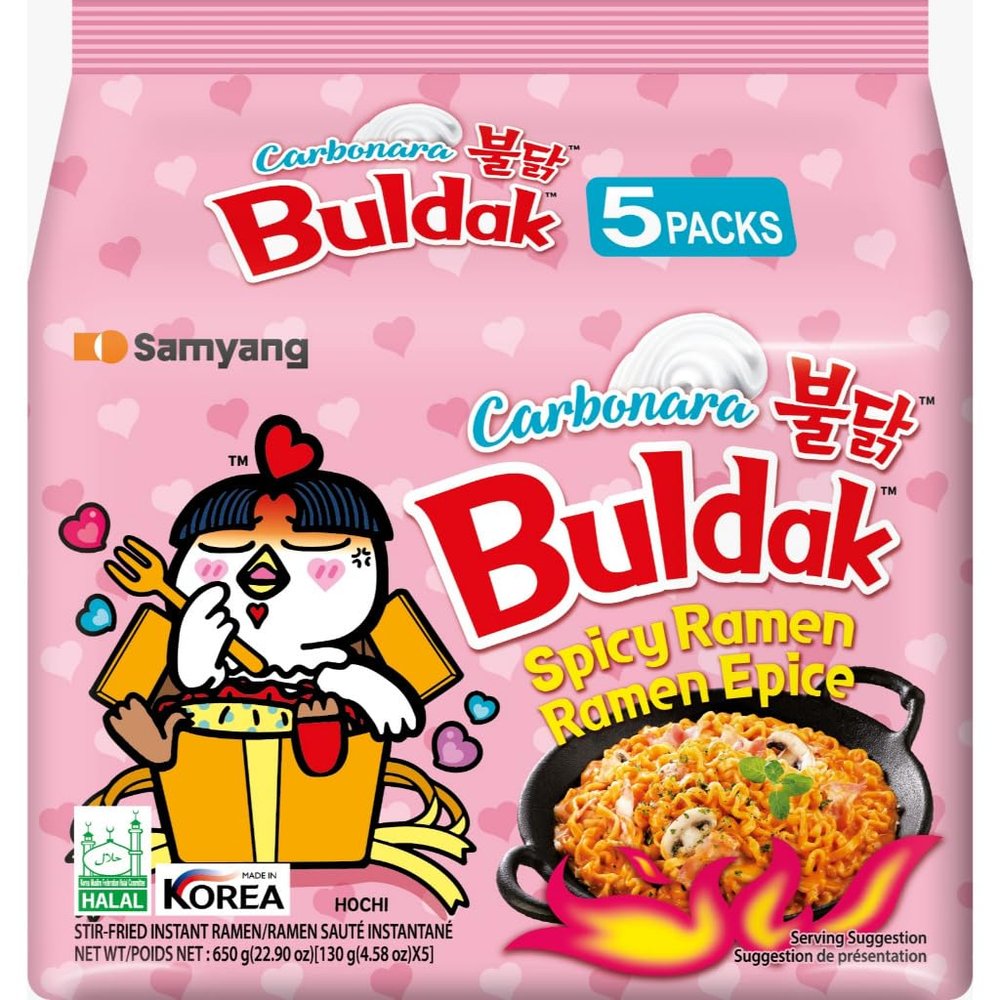 Samyang Buldak Carbonara Instant Noodles 130g (Pack of 5) Korean Spicy Creamy Carbonara Ramen (Pink Pack) | Hot Chicken Flavour Noodles | Perfect for Spice Lovers | Popular Korean Favorite