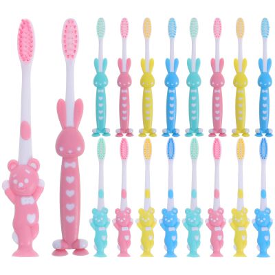 DRESSOOS 32pcs Cute Cartoon Toothbrush Set with Soft Bristles and Suction Cup Base, Pp Material Manual Toothbrushes, Bear and Rabbit Shapes for Daily Oral Care