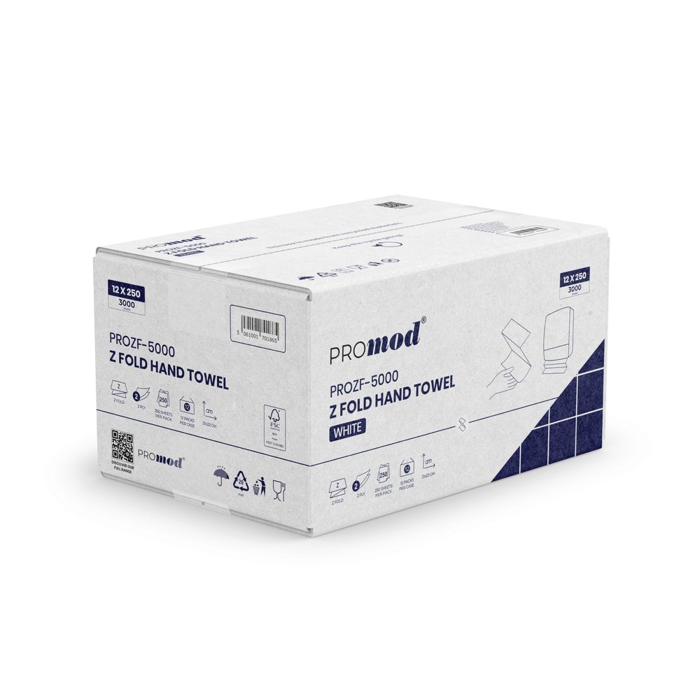 Promod Premium White Z Fold Hand Towels, 2-Ply Virgin Paper Hand Towels Disposable, Bulk 3000 Sheets (12 Packs x 250), High Absorbency & Strength, Ideal for Businesses, Offices & Healthcare
