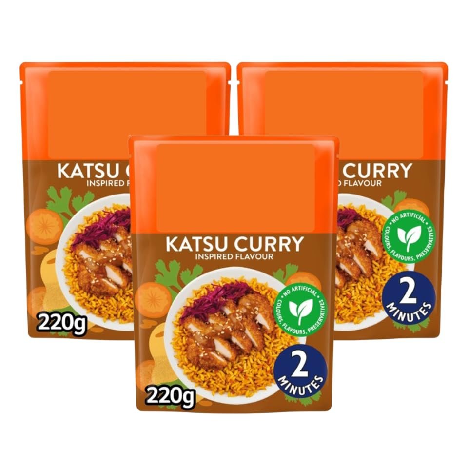 Katsu Curry Microwave Rice, 220g, Pack of 3, Ready in 2 Minutes, Vegetarian, 2 Servings, No Artificial Colours, Flavours or Preservatives