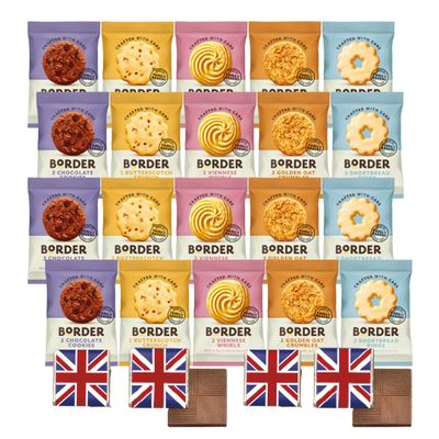 Border Biscuit Selection Box (20 Pack) Assorted Biscuit Gift Hamper with 4 Milk Chocolate Squares | Individually Wrapped Tea Time Snacks, Food Gift Box for Birthdays, Thank You & Sharing