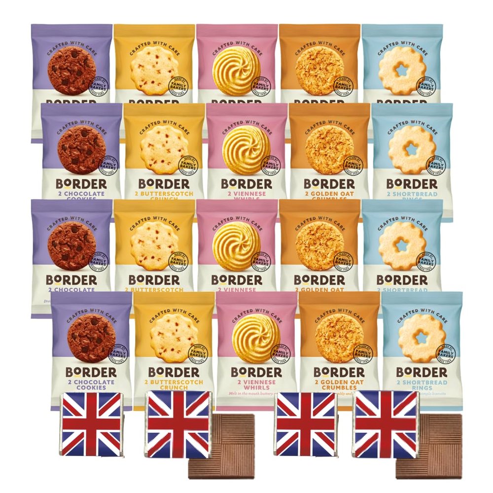 Border Biscuit Selection Box (20 Pack) Assorted Biscuit Gift Hamper with 4 Milk Chocolate Squares | Individually Wrapped Tea Time Snacks, Food Gift Box for Birthdays, Thank You & Sharing