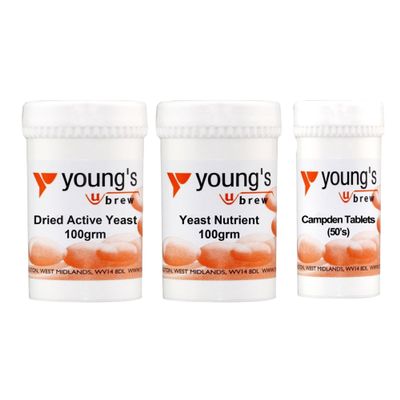 Young's 100g Dried Active Yeast, 100g Yeast Nutrient, 50 Campden Tablets Home Brewing Ingredients Bundle for Making Wine, Cider and Mead