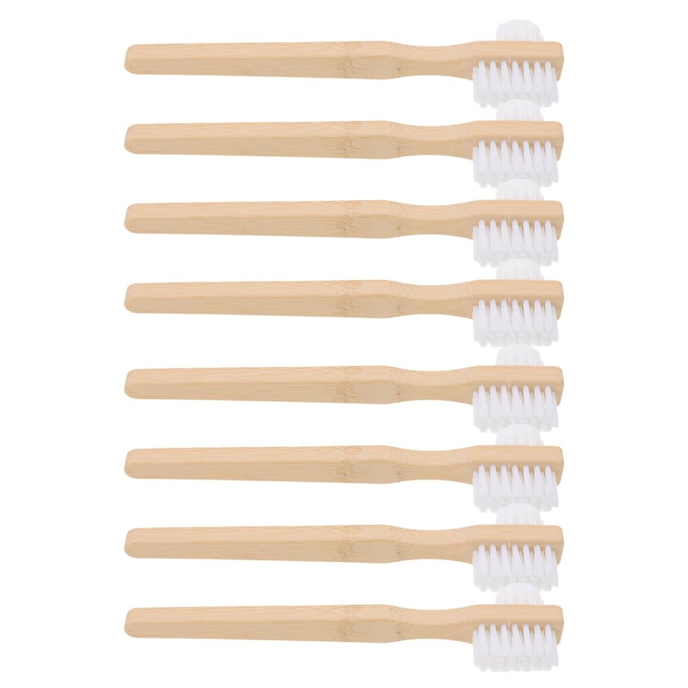 FreshCart Basics Dual Headed Denture Brush and Ergonomic Handle 8pcs with Firm Nylon Bristles for Comfortable to Hold, Bamboo Material, for Cleaning False Teeth and Oral Appliances at Home Or