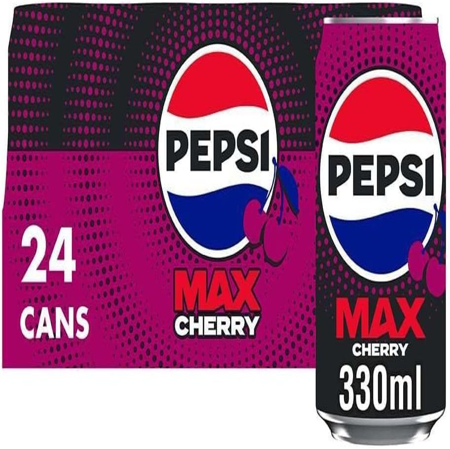 Multipack 330ml Cola Cans Pack of 24 Zero Sugar Fizzy Soft Drink Full Flavour Cola Papsi Max Style Beverage (Max Cherry No Sugar Cola Cans)
