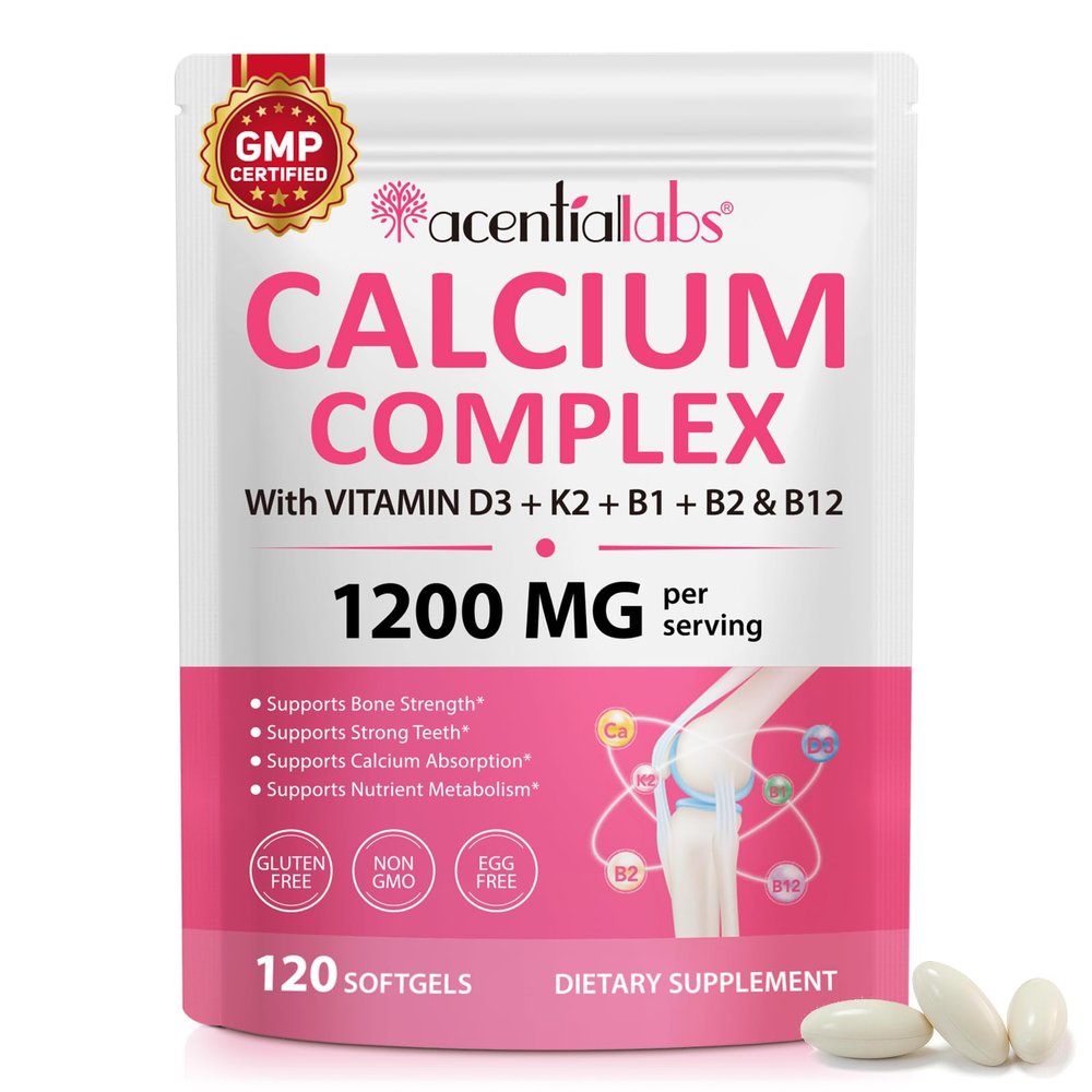 Calcium Supplements Calcium Tablets Calcium Carbonate Supplement for Men & Women 1200mg with Vitamin D3 + K2 + B1 + B2 & B12 Bone Support Supplement 120 Softgels