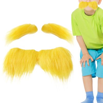 Yellow Mustache Fake Eyebrow Set - Self Adhesive Plush Fiber | Facial Hair Costume Funny For Christmas Cosplay Party Scene Use | Reusable Stick On Use
