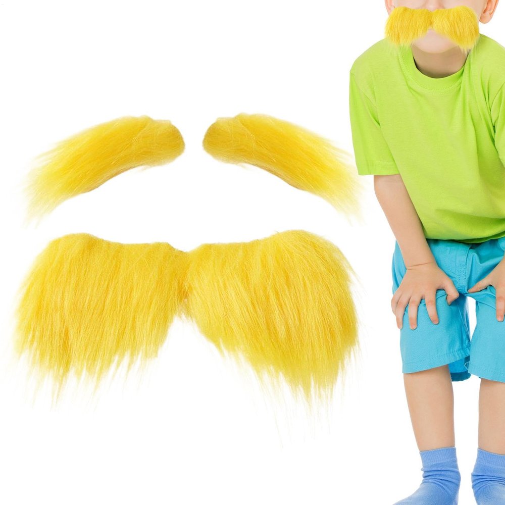 Yellow Mustache Fake Eyebrow Set - Self Adhesive Plush Fiber | Facial Hair Costume Funny For Christmas Cosplay Party Scene Use | Reusable Stick On Use