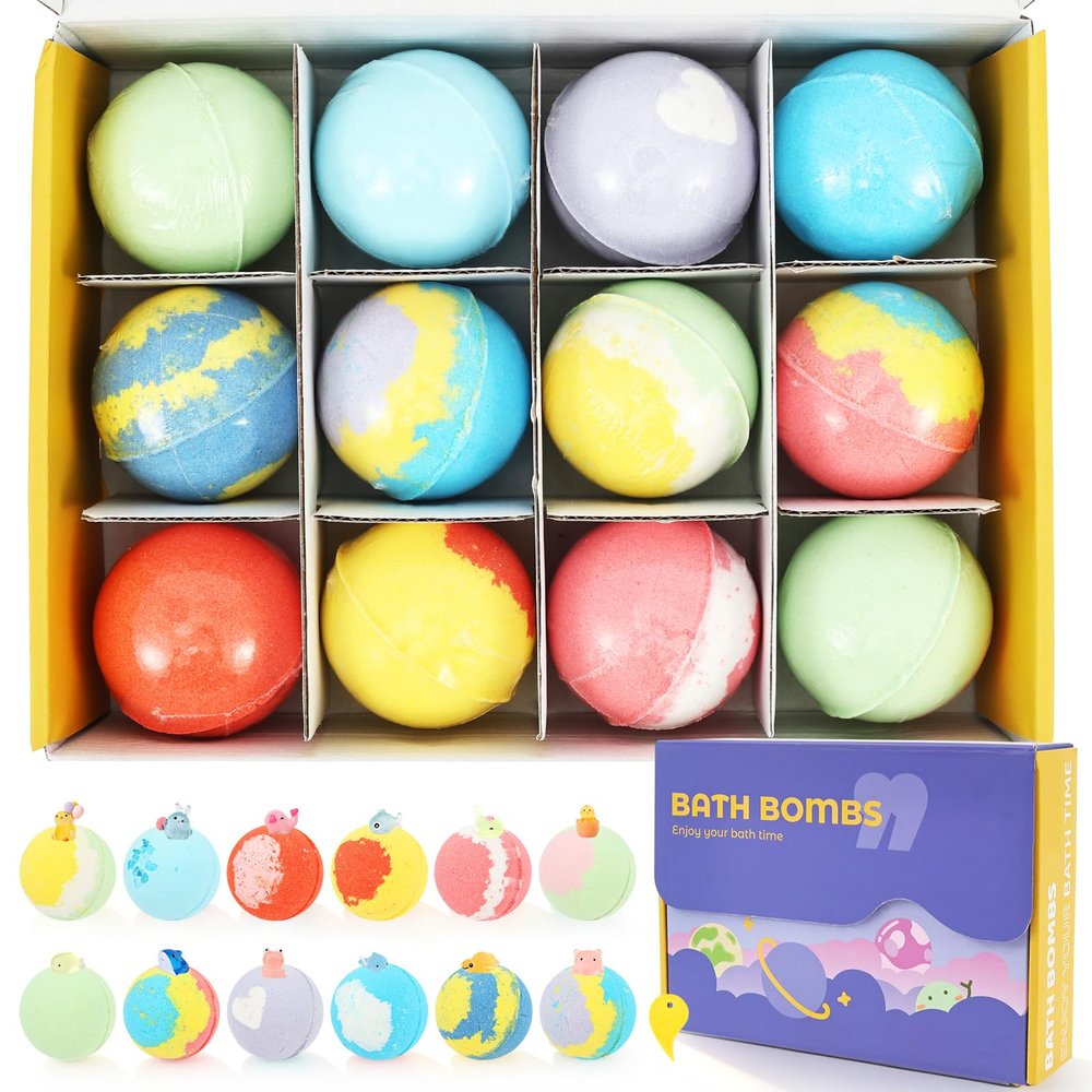 12 Pcs Bath Bombs, Bubble Bath Balls with Natural and Organic Ingredients, Fizzy Balls with Surprise Inside, Colorful Fizzes Bathbombs for Birthday, Party, or Easter Gifts(Glow-in-the-Dark Edition)