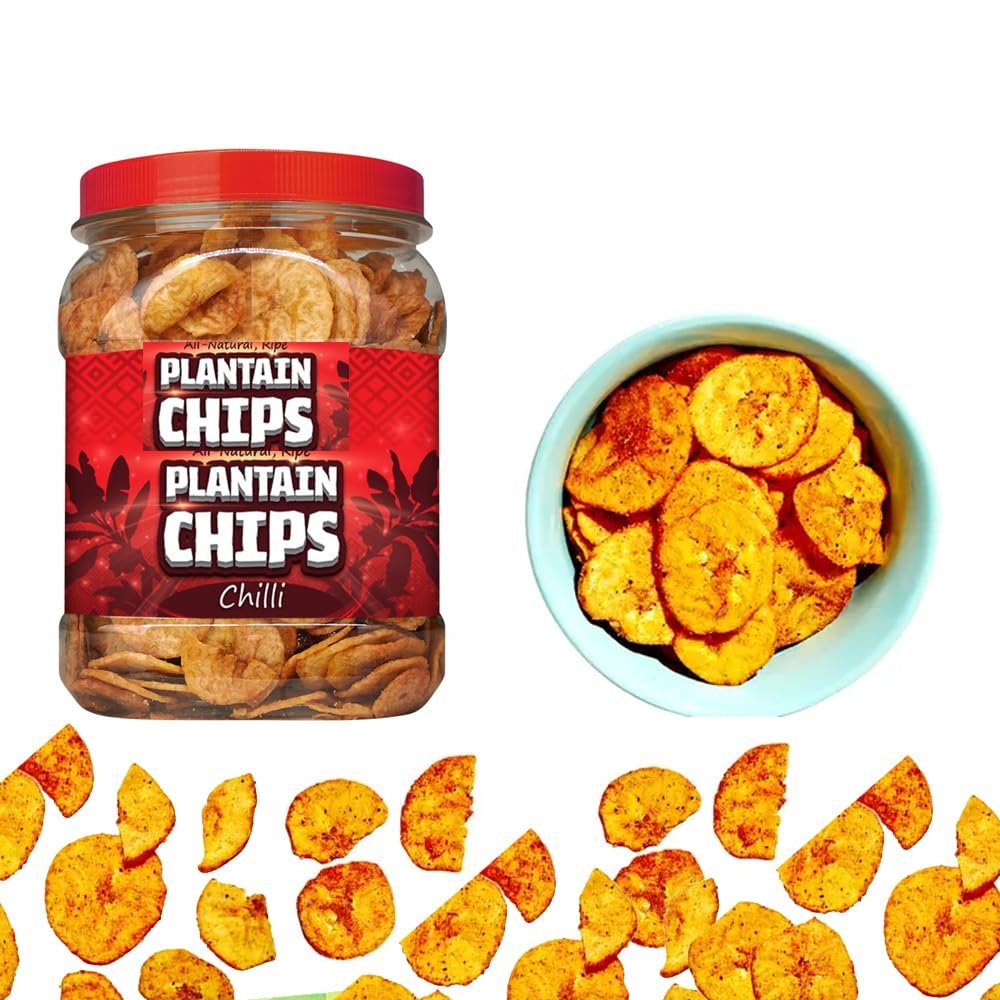 Plantain Chilli Flavoured Chips Bottle 450g - Naturally Sweet, Tantalisingly Spicy and Deliciously Cunchy - tl