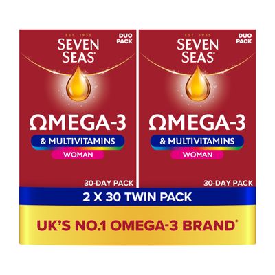 Seven Seas Omega-3 & Multivitamins Woman, with Biotin & Iron, 60 Omega-3 Capsules + 60 Multivitamins Tablets, 2 Months Supply (2X 30 Days Twin Pack), with Educational Leaflet