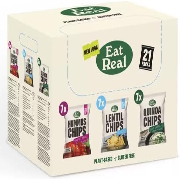Eat Real Vegan Crisps Variety Box, Hummus, Lentil and Quinoa Chips, Gluten Free, 21 Packs