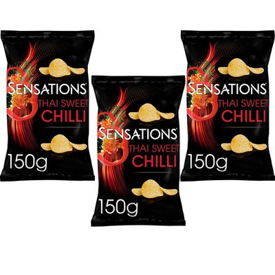 Sensations Thai Sweet Chilli Sharing Bag Crisps 150g - Pack of 3 - Sweet and Spicy Flavour Crunchy Chips - wlk
