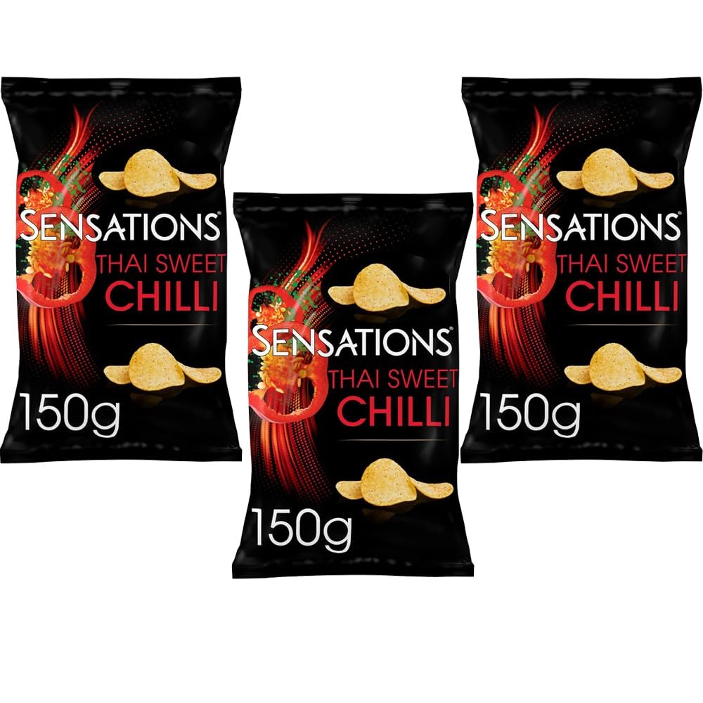 Sensations Thai Sweet Chilli Sharing Bag Crisps 150g - Pack of 3 - Sweet and Spicy Flavour Crunchy Chips - wlk
