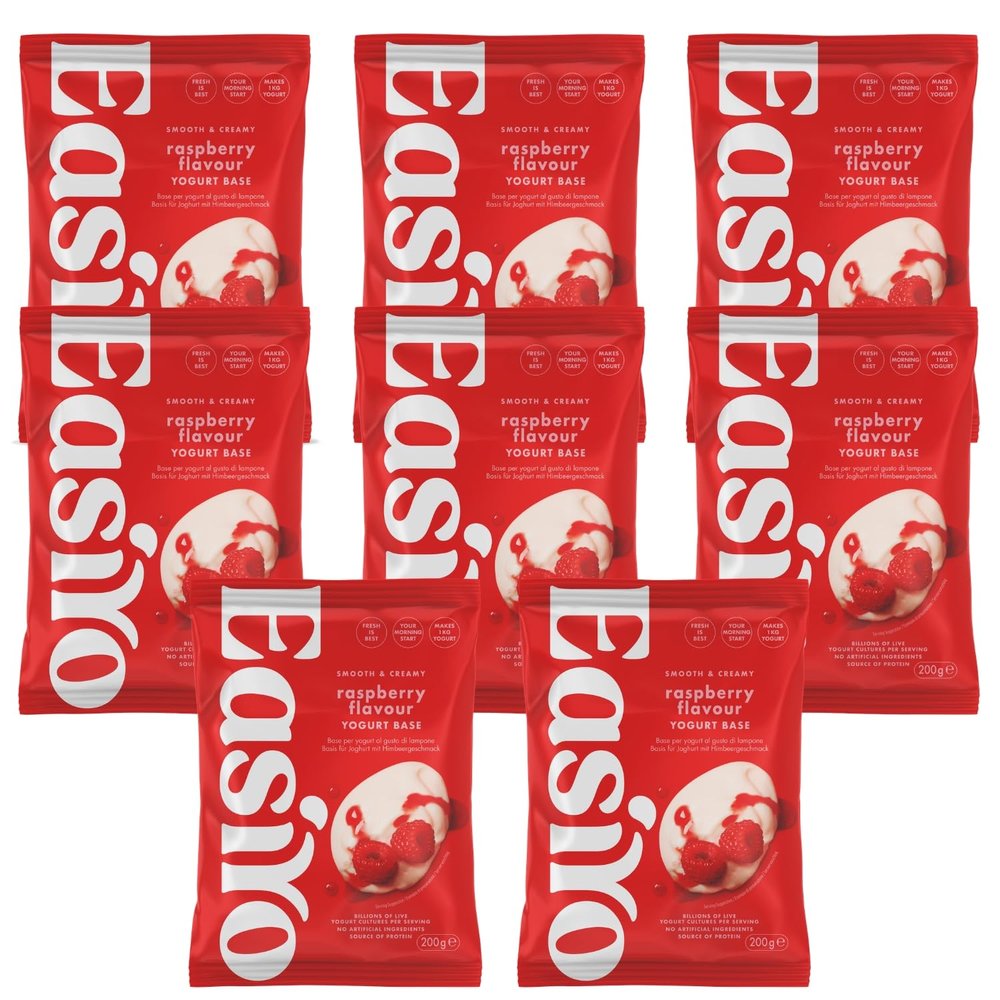 EasiYo Raspberry Yogurt 8 Sachet Pack | Each Sachet Makes 1KG | Smooth & Zesty Ripe Fruit Flavour | Homemade Yoghurt | Gluten Free & Vegetarian