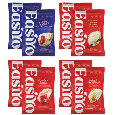 EasiYo Yogurt 8 Sachet Mixed Pack | 2x Greek Style Vanilla & Rhubarb, 2x Natural, 2x Vanilla, 2x Strawberry | Each Sachet Makes 1KG | Homemade Yoghurt | Gluten Free & Vegetarian