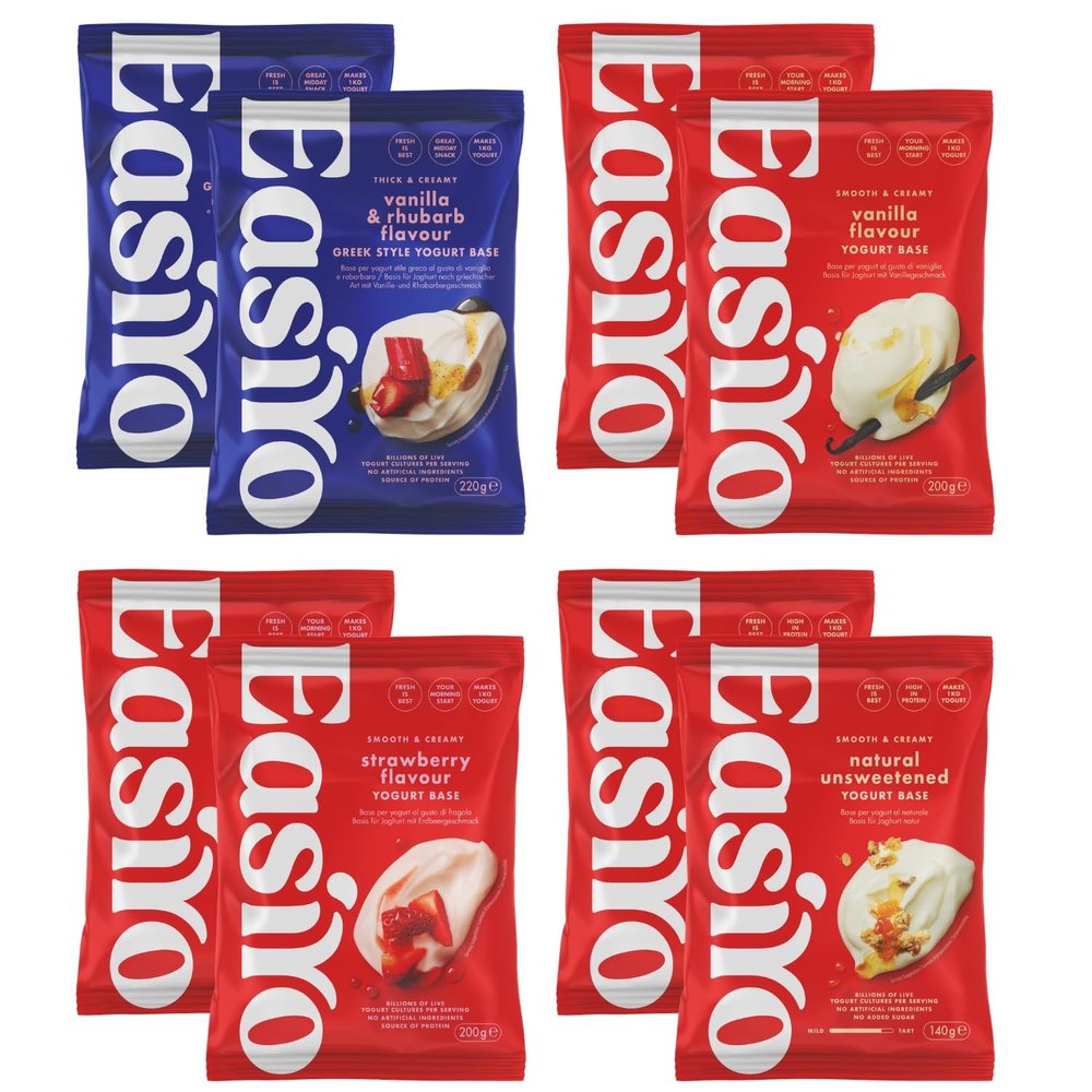 EasiYo Yogurt 8 Sachet Mixed Pack | 2x Greek Style Vanilla & Rhubarb, 2x Natural, 2x Vanilla, 2x Strawberry | Each Sachet Makes 1KG | Homemade Yoghurt | Gluten Free & Vegetarian