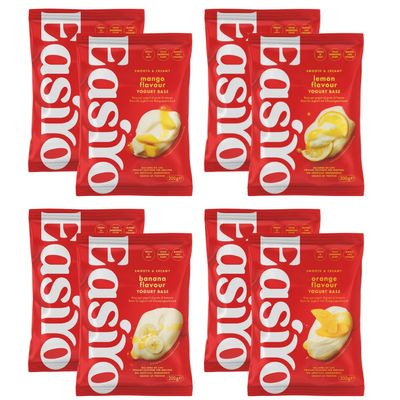 EasiYo Yogurt 8 Sachet Mixed Pack | 2x Mango, 2x Orange, 2x Lemon, 2x Banana | Each Sachet Makes 1KG | Homemade Yoghurt | Gluten Free & Vegetarian