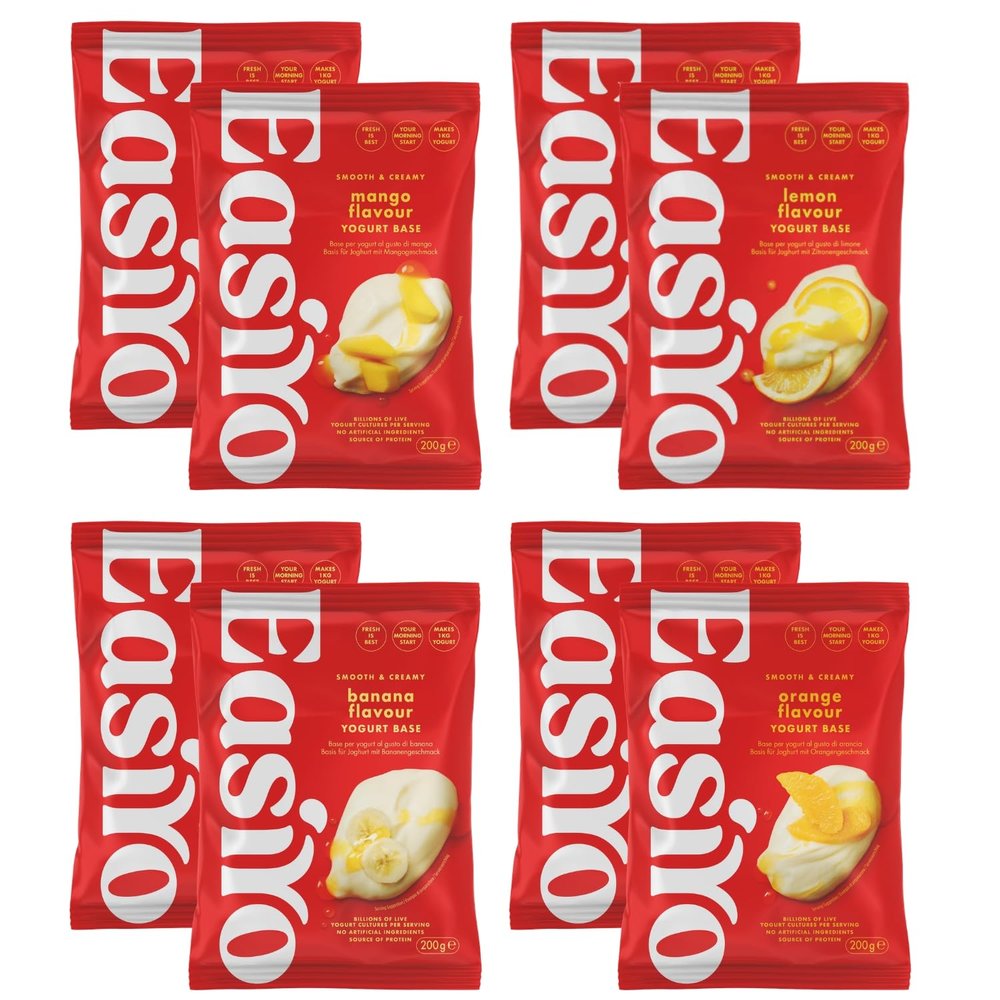 EasiYo Yogurt 8 Sachet Mixed Pack | 2x Mango, 2x Orange, 2x Lemon, 2x Banana | Each Sachet Makes 1KG | Homemade Yoghurt | Gluten Free & Vegetarian
