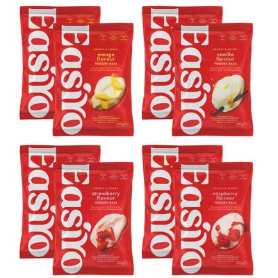 EasiYo Yogurt 8 Sachet Mixed Pack | 2x Strawberry, 2x Raspberry, 2x Mango, 2x Vanilla | Each Sachet Makes 1KG | Homemade Yoghurt | Gluten Free & Vegetarian