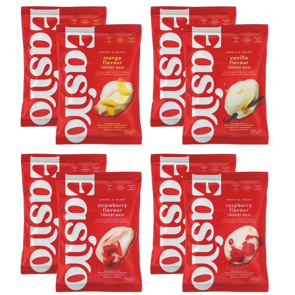 EasiYo Yogurt 8 Sachet Mixed Pack | 2x Strawberry, 2x Raspberry, 2x Mango, 2x Vanilla | Each Sachet Makes 1KG | Homemade Yoghurt | Gluten Free & Vegetarian
