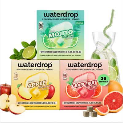waterdrop Mocktail Set - 36 Sugar Free Water Flavouring Tablets in Mojito, Apple & Grapefruit Flavours, Vitamin C & B, Low Calorie Sparkling Fizzy Drinks, Vegan Mocktail Mix