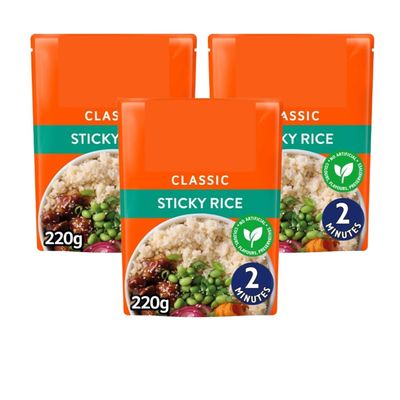 Sticky Rice Microwave Ready Meal, 220g, Pack of 3, Short Grain, Two Servings, No Artificial Colours or Preservatives, Vegetarian, Ready in 2 Minutes
