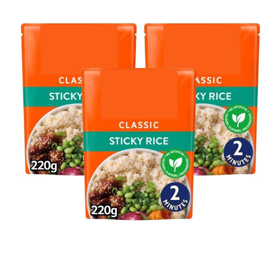Sticky Rice Microwave Ready Meal, 220g, Pack of 3, Short Grain, Two Servings, No Artificial Colours or Preservatives, Vegetarian, Ready in 2 Minutes