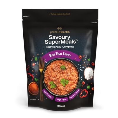 Savoury SuperMeals, Red Thai Curry, Hot Ready Meal, High Fibre, High-Protein Meal, 26 Vitamins & Minerals, Nutritionally Complete, Just Add Water, Vegan, 10 Meals | Protein Works